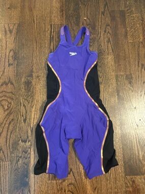 Speedo Purple and Black One-Piece Tech Suit with Gold Trim